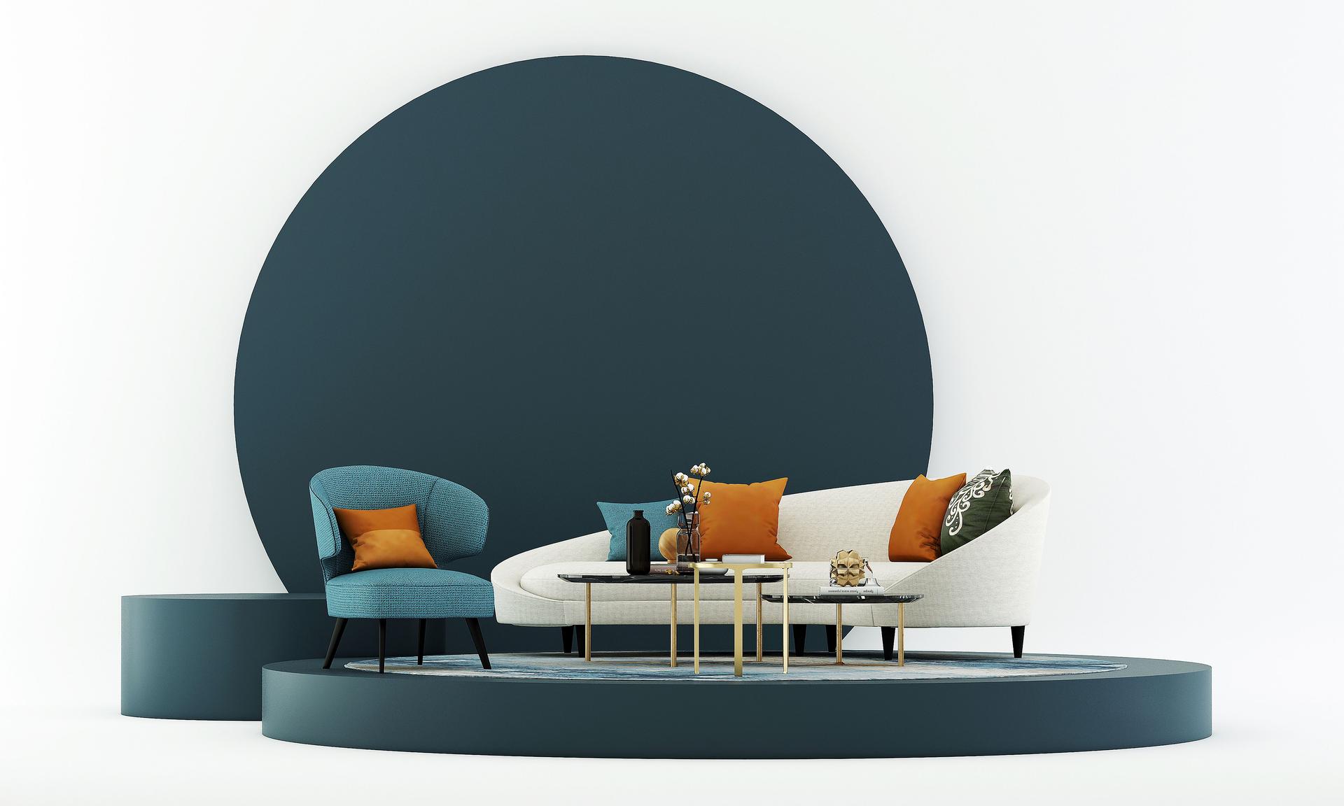 Sofa mock up decoration on blue podium and empty wall background